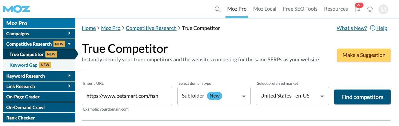 Moz Pro True Competitor Subfolder