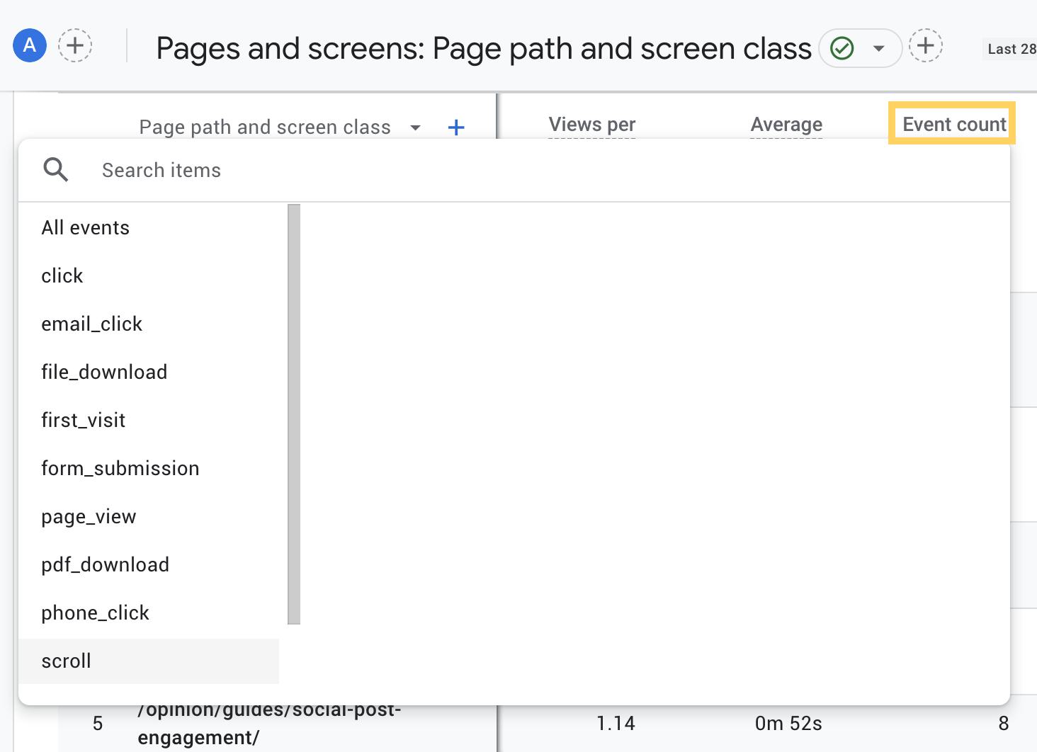 Screenshot of the Pages and screens report in GA4, where you can select “scroll” as an event to view