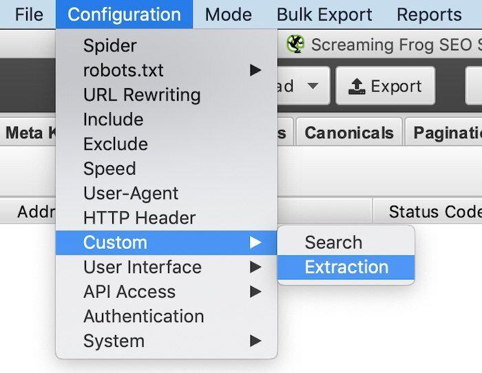 Screenshot of Screaming Frog configuration menu.