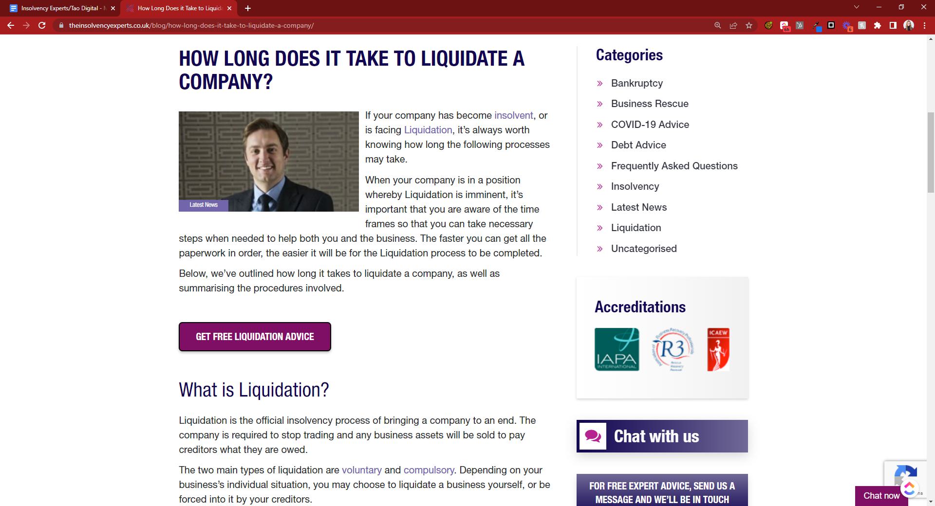 An example of a piece of content with a ‘Get Free Liquidation Advice’ CTA in the middle