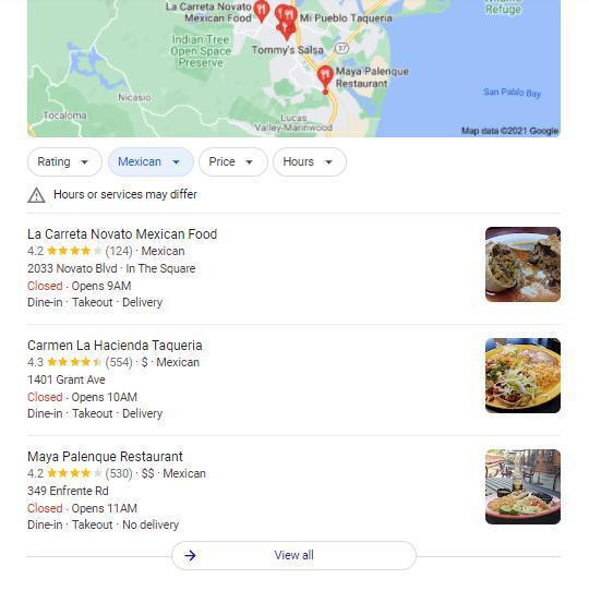 Google map result for Mexican restaurants.