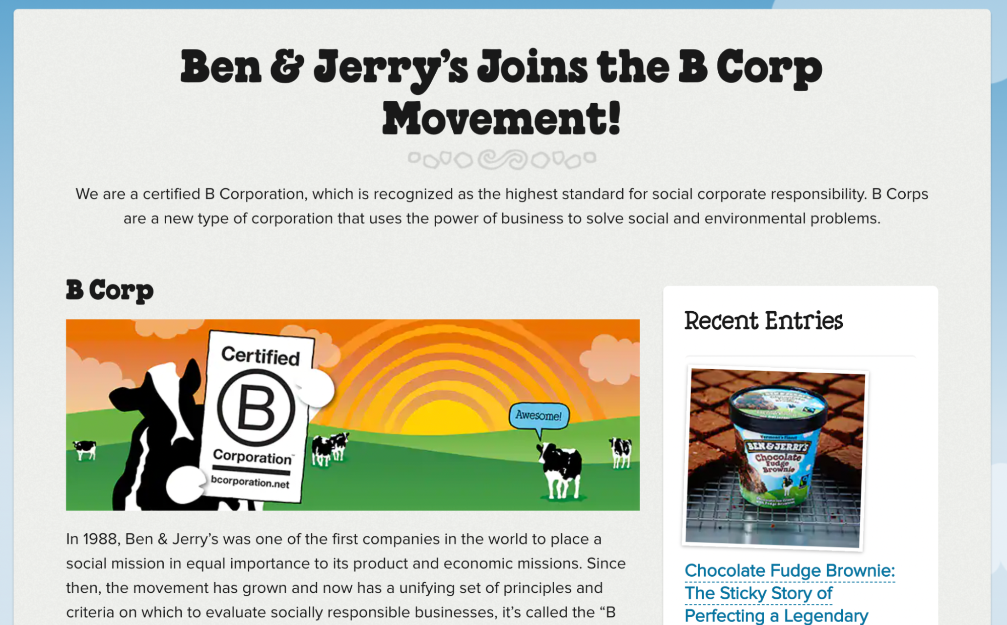 Screenshot of Ben & Jerry's webpage saying