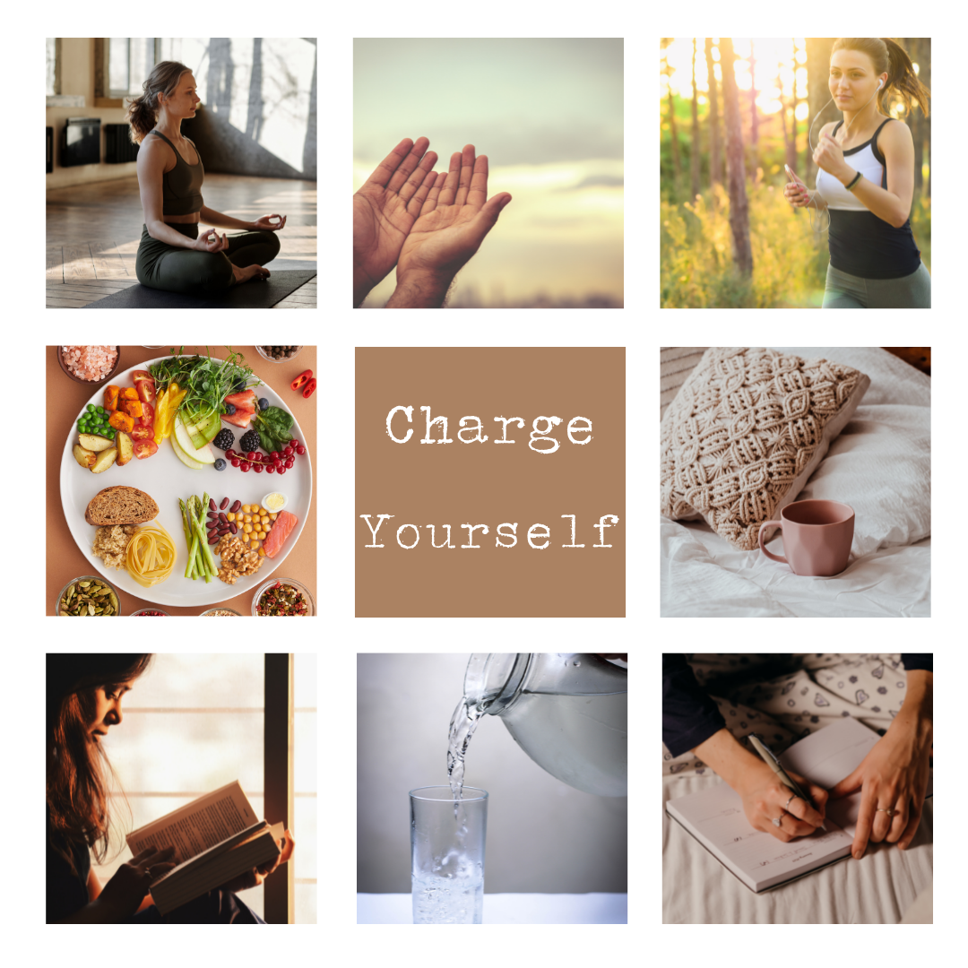 Grid of 9 images. Top row, left to right: woman meditating, an open pair of hands, a woman running. Middle, left to right: a plate of healthy food, a brown square reading