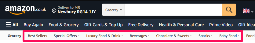 Sub-navigation menu in the Amazon grocery section.