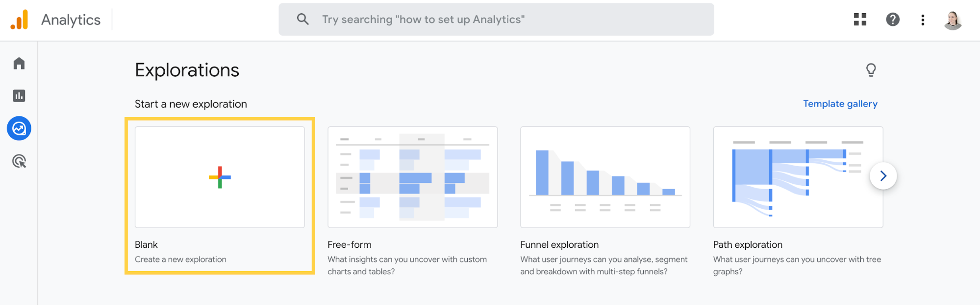 w='738' h='230' Screenshot of the Explorations options in GA4
