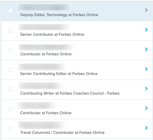 Searching for journalists who write for Forbes on Cision.