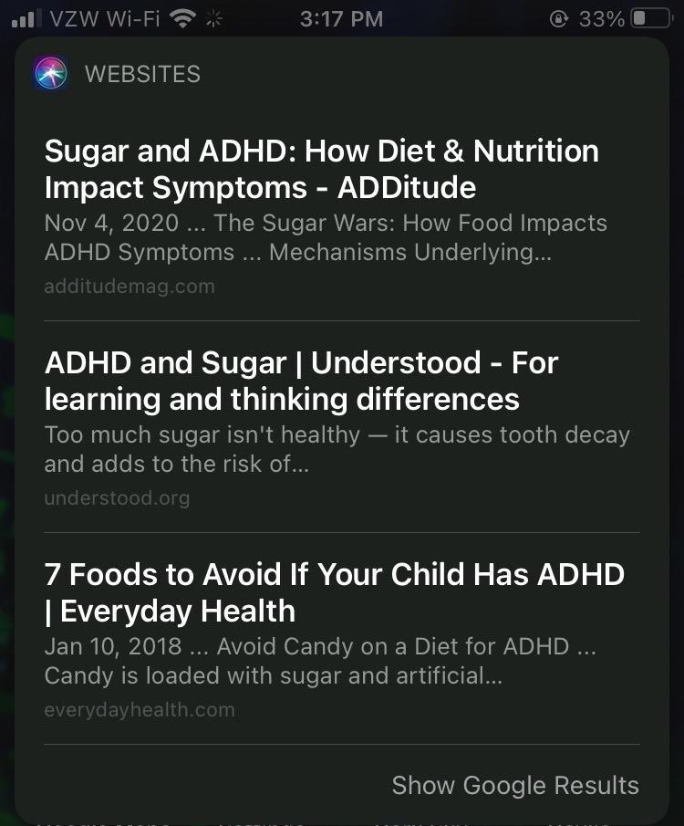 Safari SERP result for sugar and ADHD