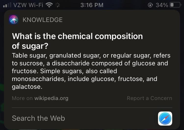 Screenshot of a Safari Knowledge Panel result on mobile for 'what is the chemical composition of sugar?'