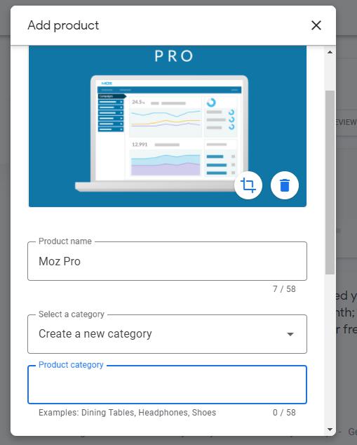 Naming a product 'Moz Pro' in Google My Business Products.