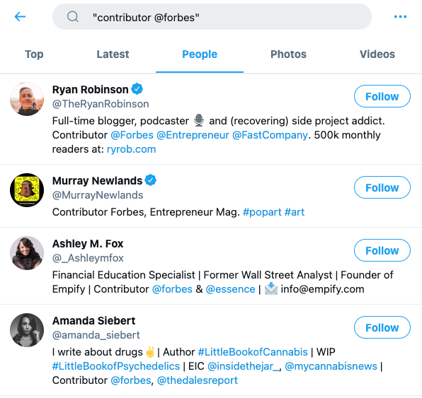 Searching for “contributor @Forbes” on Twitter.