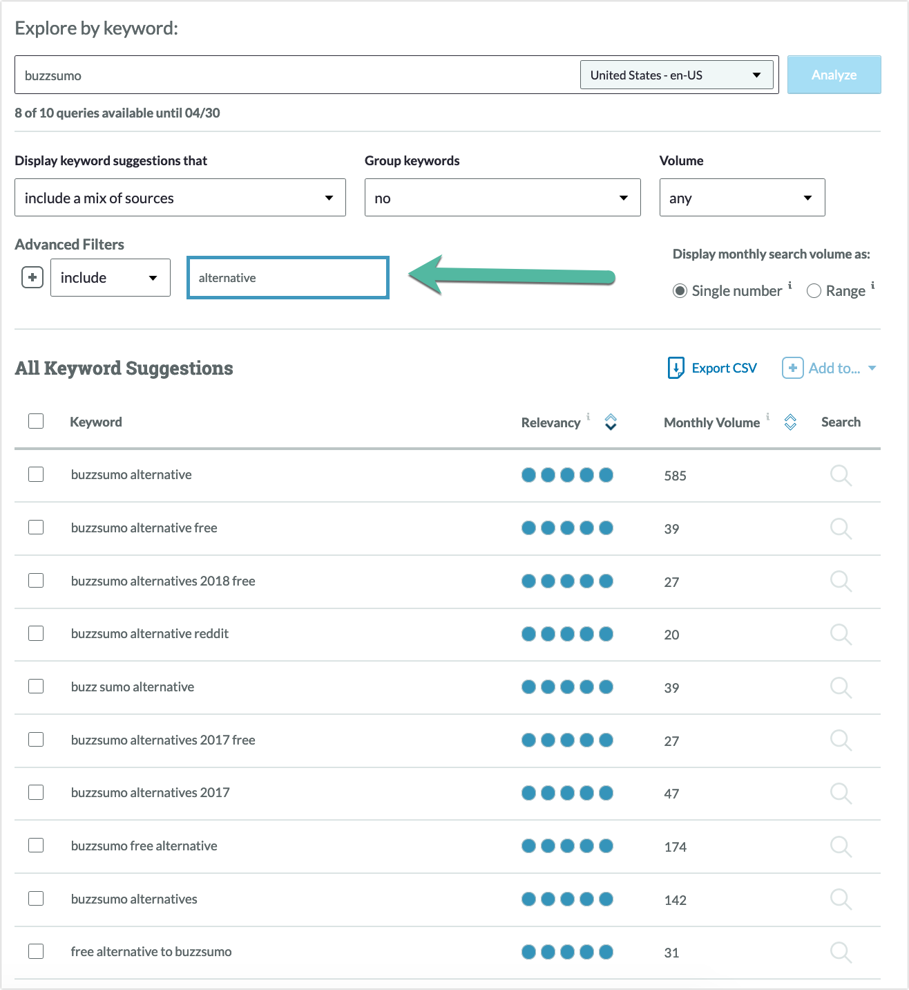 Screenshot of Moz Pro keyword explorer list for Buzzsumo.