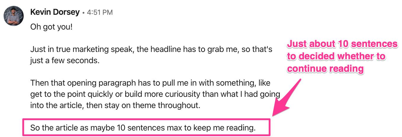 Screenshot stating that the person knows within 10 sentences if they will continue reading a piece of content