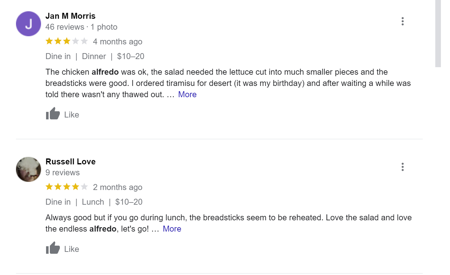 Different diners offer contrasting opinions of the same dish in their reviews