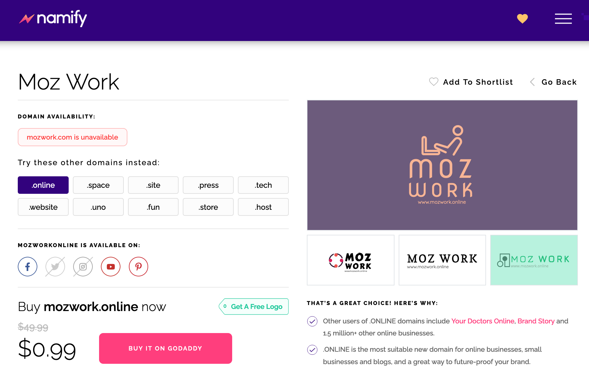 Screenshot of Namify dashboard.