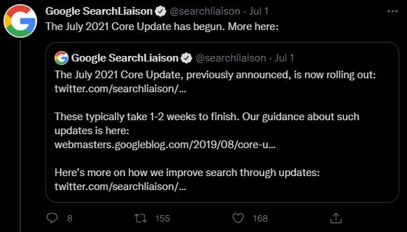 Google SearchLiaison July 2021 Core Update
