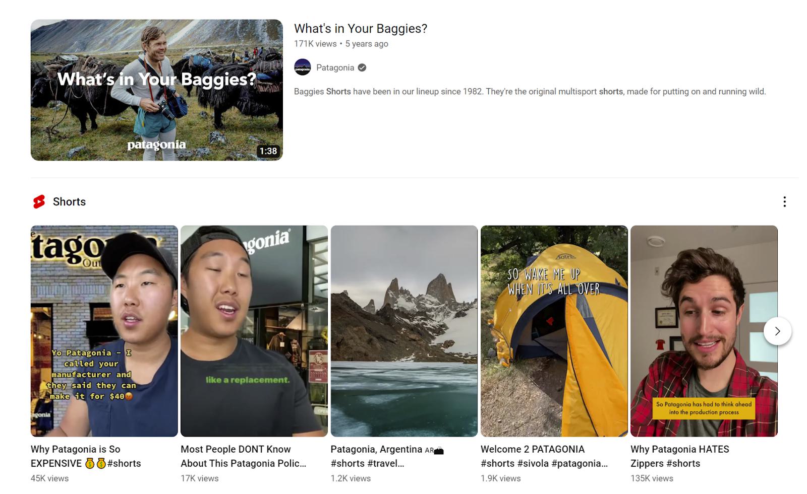 screenshot of YouTube showing both long-form video content from a business and video shorts from the public