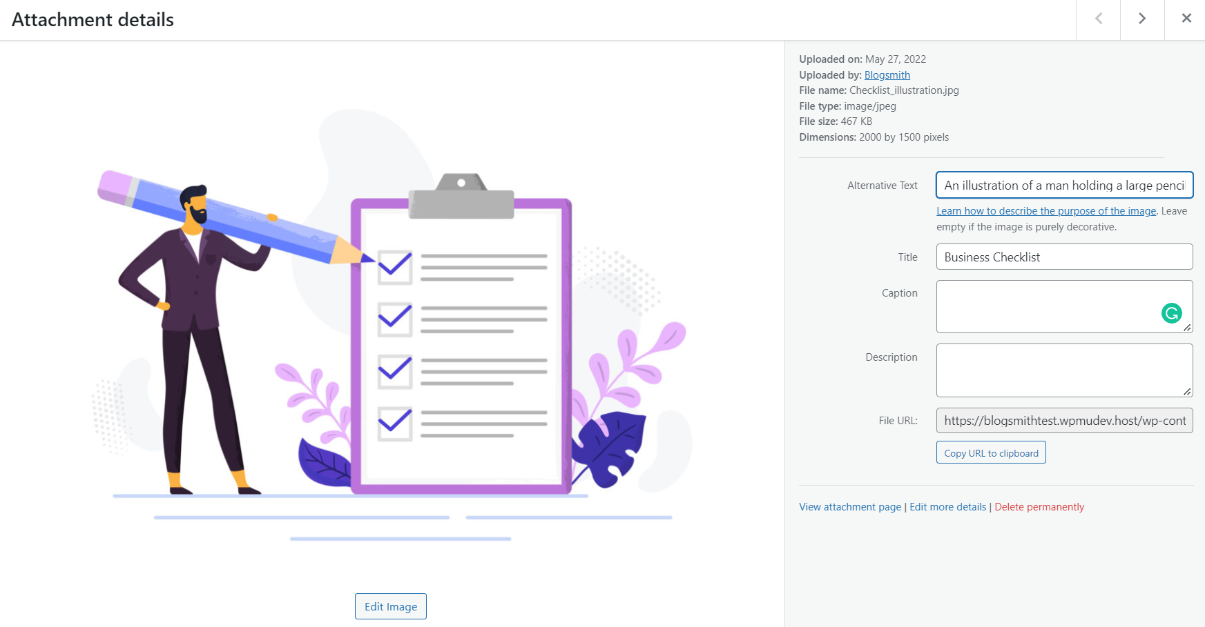 Attachment details page on WordPress where you can add alternate text.