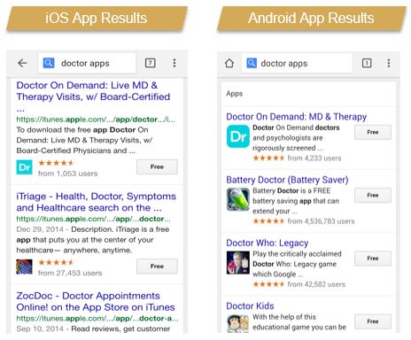 Mobile app search results and mobile app pack