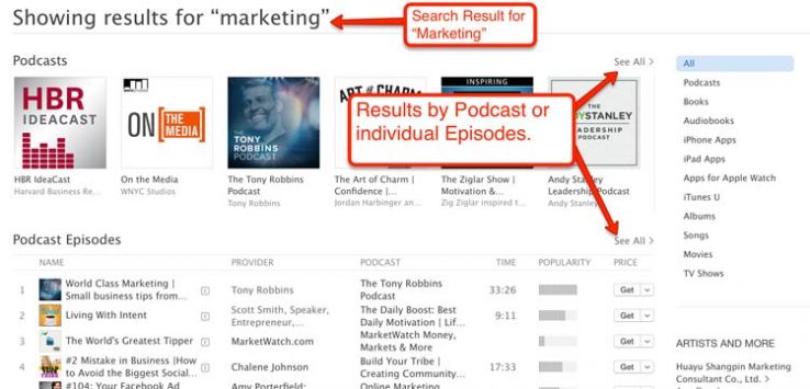 iTunes search results for "marketing."