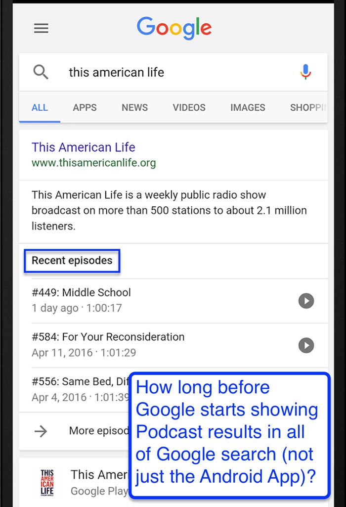 Screenshot of Google results with podcast episodes in Android Google App.