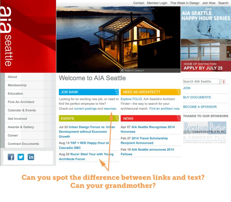 Screenshot of a site that mixes link color with text color, making links difficult to discern from regular text.