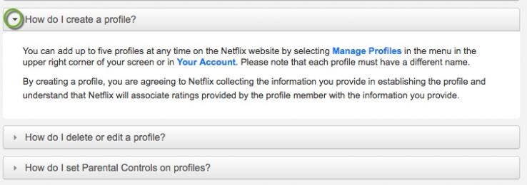 Screenshot of four questions on a website with carets to open the questions to see the answers. Three are closed and one is opened to expose the answer text.
